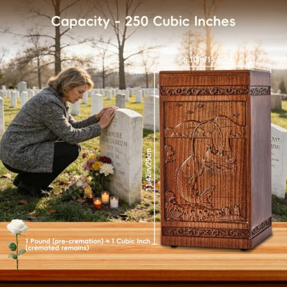 Lotoo Wooden Urn for Ashes Adult Male Female, Hand-Carved Fishing Pattern Cremation Urns for Human Ashes, Decorative Funeral Memorial Urns Box for Men Women, Holds 250 Cubic Inches
