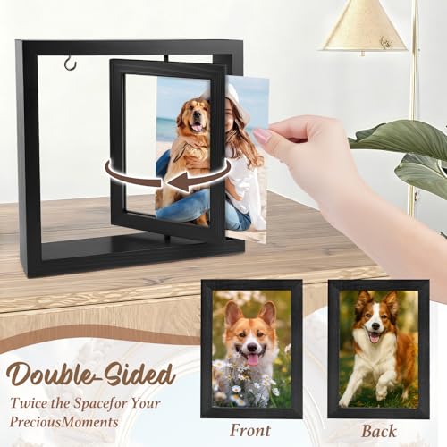 Rotating Wooden Picture Frame with Resin Angel for Loss of Dogs | Holds 4x6 Photo, Black Loss of Dogs Cat Sympathy Gift, Pet Loss Remembrance Bereavement Keepsake, Dog Memorial Gifts - color: Black