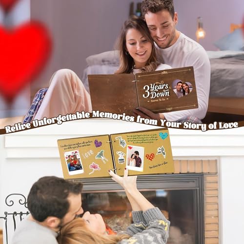 CY2SIDE 3 Years Anniversary Couple Scrapbook - 111PCS 3 Years Down Wooden Photo Album Scrapbook Craft Kit with Heart Puzzle Brown Paper Sticker and Template for DIY Dating Gift for Him Her - style: 3 Years Couple