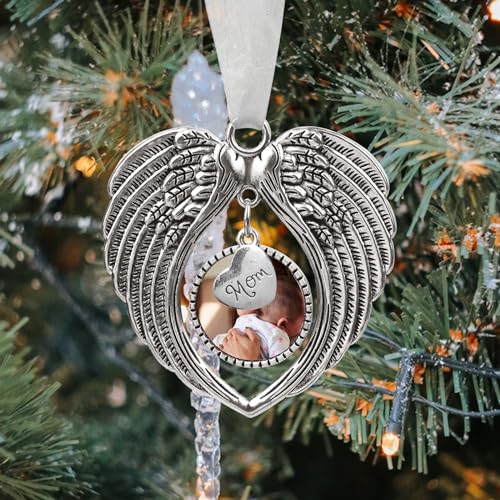 Christmas Ornaments Angel Wings with Custom Photo Frame for Loss of Loved One Remembrance Keepsake with Silk Ribbon & Red Gift Box - color: Mom