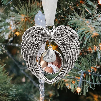 Christmas Ornaments Angel Wings with Custom Photo Frame for Loss of Loved One Remembrance Keepsake with Silk Ribbon & Red Gift Box - color: Mom