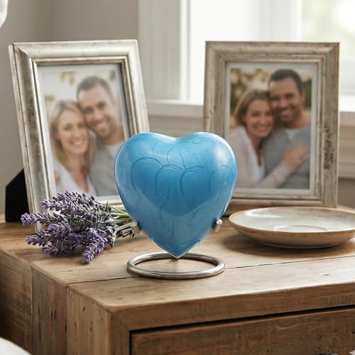 Heart Keepsake Urn for Human Ashes - High Gloss Cremation Urn with Stand and Velvet Bag, Perfect for Adults & Infants (Sky Blue)