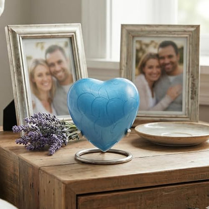 Heart Keepsake Urn for Human Ashes - High Gloss Cremation Urn with Stand and Velvet Bag, Perfect for Adults & Infants (Sky Blue)