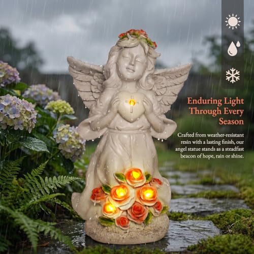 Solar Light Angel Garden Statues Sculptures for Grave Decoration | Weatherproof, Sympathy Cemetey Decoration, Outodor Angel Gifts for Mom Grandma, Handmade of Resin, 8.7" Tall