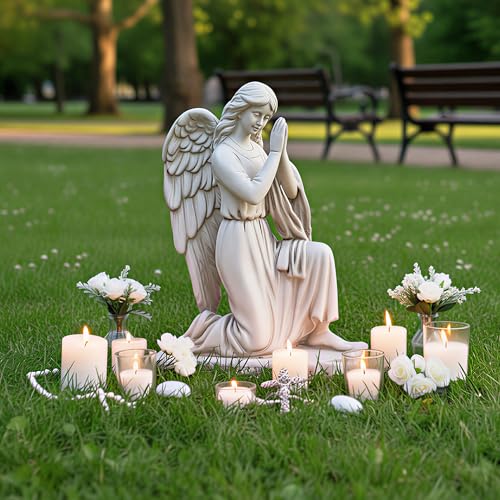 Praying Angel Garden Figurine – Outdoor Kneeling Angel Wings Statue Religious Fairy Sculpture Resin Hand Carved Art Decor for Home Lawn Yard Patio Housewarming Ornament Memorial Present