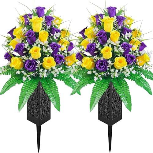 Mirevielyn 2-Pack 24-Stem Artificial Rose Cemetery Flowers with Vases - color: Yellow & Purple
