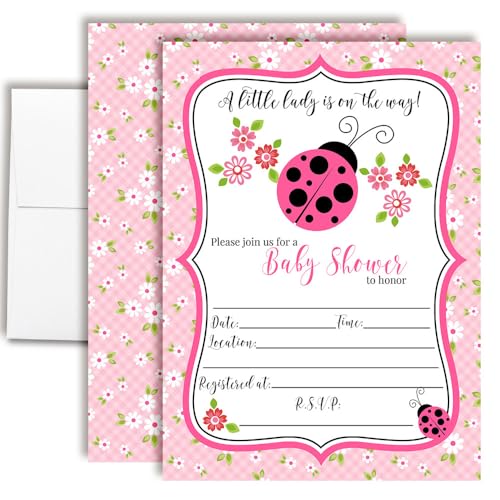 Amanda Creation Ladybug Baby Shower Invitations, 20 Fill-In 5x7 Love Bug Baby Shower Invitation Double-Sided Pink Ladybug Theme Invite Cards with White Envelopes - style: Pink Ladybug