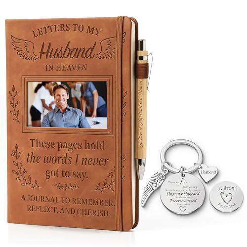 Memorial Gifts for Loss of Husband, Letters to My Husband in Heaven Grief Journal with Photo Frame, Wood Pen & Angel Keychain, Bereavement Gift for Grieving Wife - color: Loss of Husband
