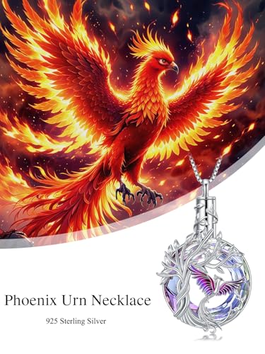 TOUPOP Phoenix Urn Necklace Cremation Jewelry for Ashes 925 Sterling Silver Crystal Phoenix Pendant with Funnel Filler Memorial Jewelry Gifts for Women - color: 01-Purple Phoenix