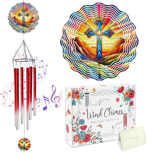 Colorful Cross Wind Chimes for Outside with Wind Spinner, Outdoor Summer Garden Patio Yard Porch Decor, Religious Cross Wind Chime with Gift Box, Christian Gifts for Women Mom - color: Cross