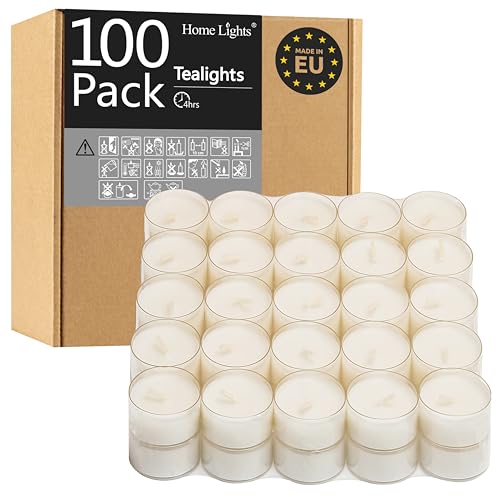 Home Lights Tealight Candles, Giant 100,200,300 Bulk Packs, White Unscented European Smokeless Clear Cup Tea Lights for Shabbat, Weddings, Christmas, Home Decorative- 100 Pack