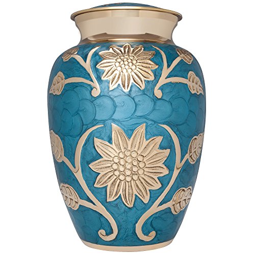 Blue and Gold Flower Funeral Urn by Liliane Memorials - Cremation Urn for Human Ashes - Brass- Suitable for Cemetery Burial or Niche- Large Size for Adults up to 200 lbs - Rose Lisette - color: Blue