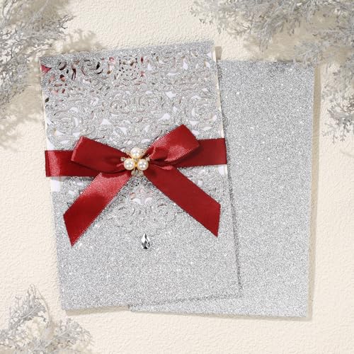 25Pcs Silver Glitter Laser Cut Invitations with RSVP Cards and Envelopes - color: Glitter Silver