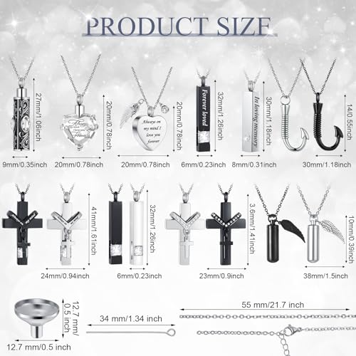 Huquary 16 Pcs Urn Necklace for Ashes Waterproof Stainless Steel Carved Ashes Locket with 8 Filling Kit Heart Cylinder Cross Cubic Fish Hook Jewelry for Ashes with Wing Diamond for Men Women - color: White