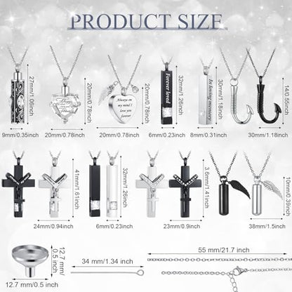 Huquary 16 Pcs Urn Necklace for Ashes Waterproof Stainless Steel Carved Ashes Locket with 8 Filling Kit Heart Cylinder Cross Cubic Fish Hook Jewelry for Ashes with Wing Diamond for Men Women - color: White