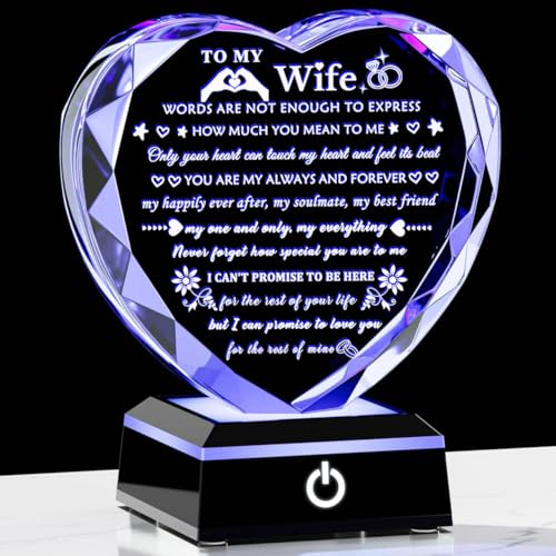 Arikyrist Romantic Wife Gifts from Husband with Colorful LED Base Anniversary Birthday Gift for Wife Crystal Keepsake I Love You Gifts for Her on Mothers Day Valentine Christmas - style: Wife Gifts + Light Base