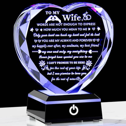 Arikyrist Romantic Wife Gifts from Husband with Colorful LED Base Anniversary Birthday Gift for Wife Crystal Keepsake I Love You Gifts for Her on Mothers Day Valentine Christmas - style: Wife Gifts + Light Base