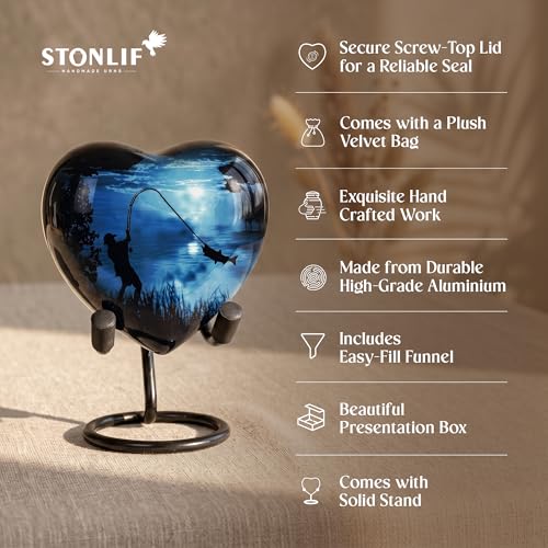 Gone Fishing Heart Urn for Human Ashes Adult Male Female - Small Keepsake Heart Shaped Cremation Urn for Dad, Men - Blue Decorative Memorial Urn with Stand, Velvet Bag and Funnel - size: Small Heart