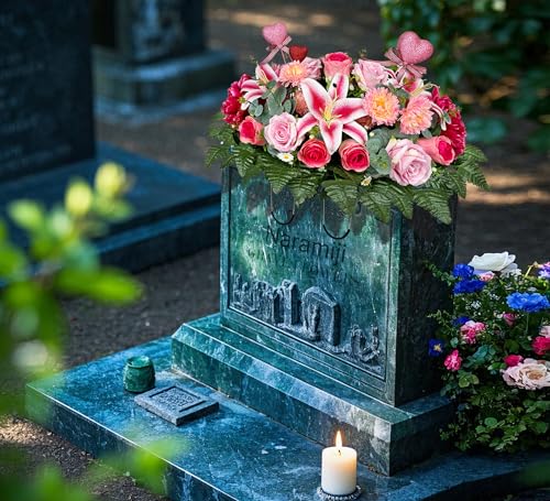 Cemetery Flowers Saddle and Headstone Flower Saddle -Pink Roses for Headstone Decorations, Sympathy & Memorial Tributes
