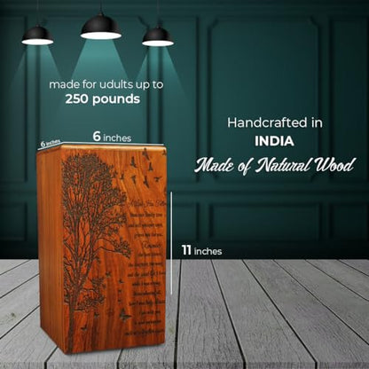ZIYA Tree with Text Wood Urns for Human Ashes Adult Male, Decorative Men Urns, Large Funeral Urns for Women, Handcrafted Burial Female Cremation Urns for Large Adult Up to 250 lbs with Velvet Bag