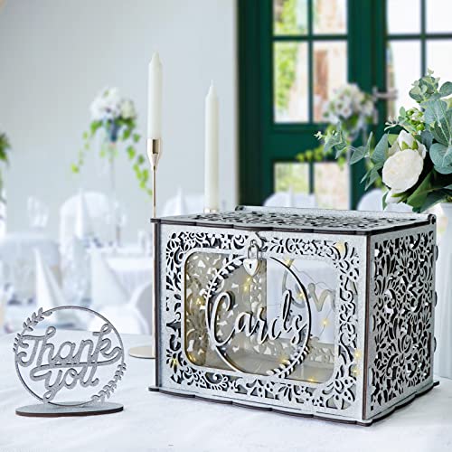 OurWarm Silver Wedding Card Box with Lock, Wooden Gift Card Box for Wedding Reception with Clear Window and Light, Wedding Envelope Money Card Box for Party Graduation Birthday Baby Shower Decorations - style: Silver glitter
