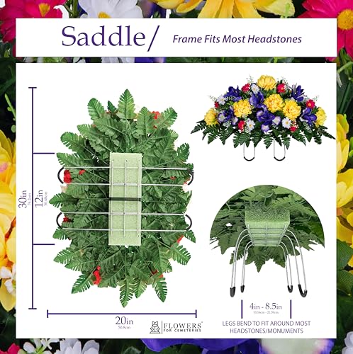 Sympathy Silks 30" Spring Headstone Flowers Saddle - Purple Iris, Yellow Mum, Daisies - Grave Flowers - Mother's Day Spring Flowers