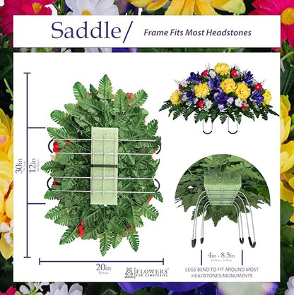 Sympathy Silks 30" Spring Headstone Flowers Saddle - Purple Iris, Yellow Mum, Daisies - Grave Flowers - Mother's Day Spring Flowers