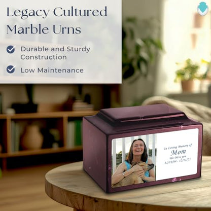 GetUrns Cultured Marble Urn Vault by Mackenzie with Personalized Picture and Text for Human Ashes I Merlot Adult Urns for Male and Female I 210lbs - color: Merlot