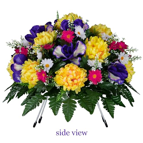 Sympathy Silks 30" Spring Headstone Flowers Saddle - Purple Iris, Yellow Mum, Daisies - Grave Flowers - Mother's Day Spring Flowers