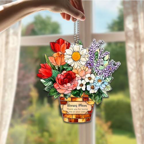 Bonus Mom Acrylic Suncatcher with Card, Bonus Mom Gifts from Daughter Son, for Stepmom Bonus Mom, Birthday Gifts for Stepmom, Stepmother - color: Bonus Mom