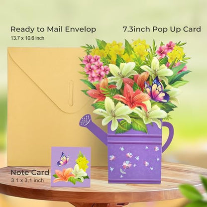 Pop Up Flower Bouquet Card, Paper Lily Bouquet Birthday Card | 3D Greeting Card for Wife, Mom, Grandma, Unique Get Well Soon & Thank You Card with Blank Notecard & Envelope - color: Lily Watering Can
