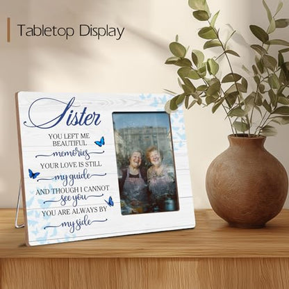 Sister Memorial Bereavement Wooden Picture Frame Gifts for Loss of Sister, Always By My Side Sympathy Gifts, Fits 4x6 Photo Frame - color: Blue-sister