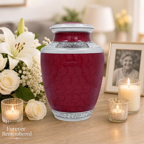 CLEENTABLE Metal Alloy Cremation Urn for Human Ashes, Maroon & Silver - color: Maroon, size: 6.5x11"