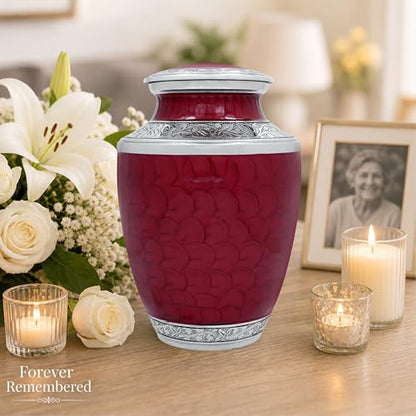 CLEENTABLE Metal Alloy Cremation Urn for Human Ashes, Maroon & Silver - color: Maroon, size: 6.5x11"