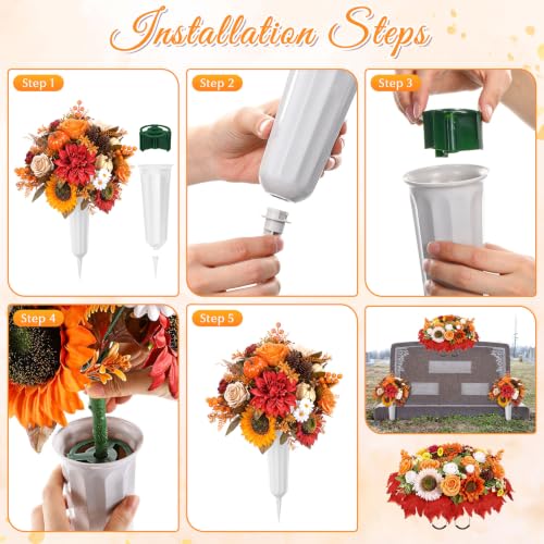 Giegxin 3 Pcs Fall Headstone Flower Saddle Cemetery Grave Flower Sunflower | Pumpkin Sunflower Maple Leaves Rose Pine Cone, Autumn Artificial Memorial Flower with Vase, Thanksgiving Floral Arrangement - color: Red, Orange, style: Sunflower Mum Pumpkin