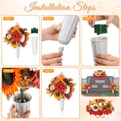 Giegxin 3 Pcs Fall Headstone Flower Saddle Cemetery Grave Flower Sunflower | Pumpkin Sunflower Maple Leaves Rose Pine Cone, Autumn Artificial Memorial Flower with Vase, Thanksgiving Floral Arrangement - color: Red, Orange, style: Sunflower Mum Pumpkin