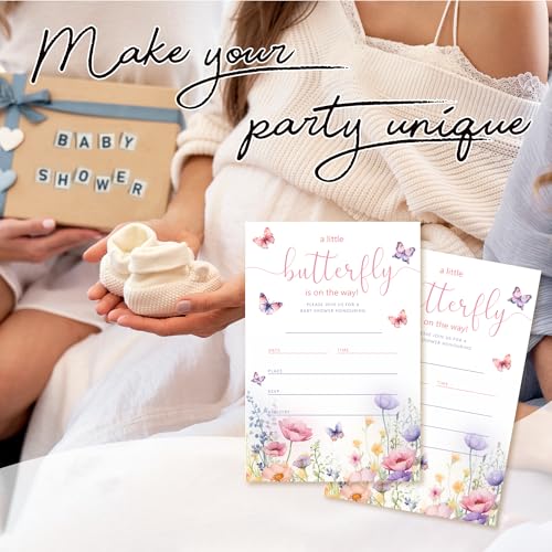 20 Butterfly Baby Shower Invitations, for Girls (054) | Purple Pink Butterflies and Flowers Theme Invite Cards with Envelopes, 4x6 Inch Baby Shower Invites