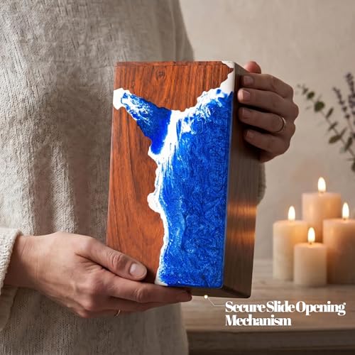 Handcrafted Rosewood Wooden Urn for Human or Pet Ashes – 11"x6"x6" Large Cremation Urn with Blue Resin Ocean Wave Inlay – Memorial Funeral Box for Adults up to 250 lbs - size: Large 250 cubic inches