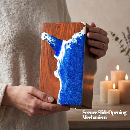 Handcrafted Rosewood Wooden Urn for Human or Pet Ashes – 11"x6"x6" Large Cremation Urn with Blue Resin Ocean Wave Inlay – Memorial Funeral Box for Adults up to 250 lbs - size: Large 250 cubic inches