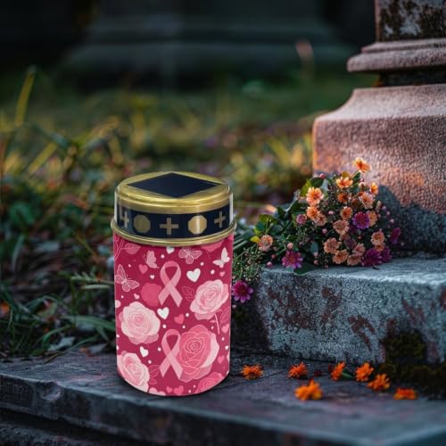 Poceacles Solar Lights Outdoor Solar Powered Outdoor Cemetery Stake Candle Grave Lamp Landscape Lighting Waterproof Grave Flameless Candle, Pink Ribbon Rose Butterfly - color: Pink Ribbon Rose Butterfly
