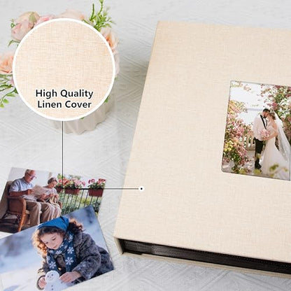 Aevdor Large Capacity 4x6 Photo Album, 1000 Photos, Linen Cover, Beige | Black Inner Pages, 3 Horizontal and 2 Vertical Pockets per Side, Front Photo Window, Family, Wedding & Travel Memories - color: Linen Beige