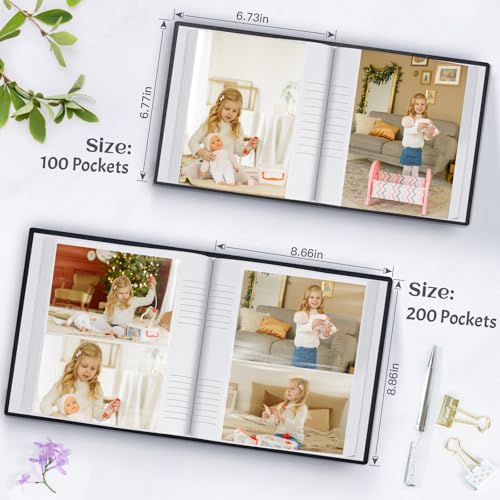 Popotop Photo Album 4x6 100 Photos with Writing Space, Leather Cover Album with Display Picture Window, Photo Book for Wedding Family Baby Gift - color: Classic Black, size: 100 Pockets