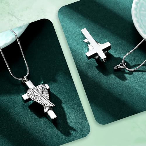 Cross Cremation Jewelry Urn Necklaces Cross Angel Wings Urn Necklaces for Ashes Memorial Keepsake Pendant for Women Men Gifts With Funnel Kit & Bag - color: Silver