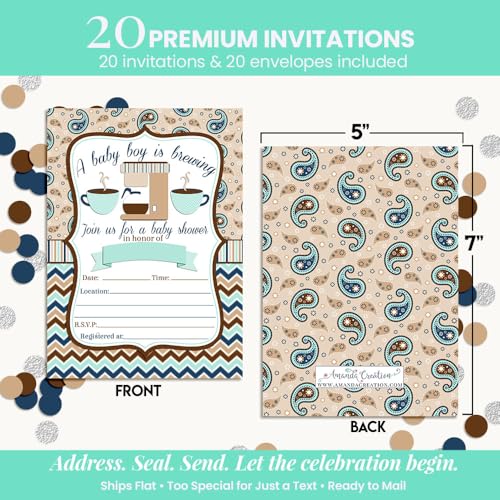 Amanda Creation 20 Baby Shower Invitations with Envelopes – A Baby is Brewing Coffee Themed Fill-In Cards for Baby Boy Sprinkle, 5x7 Blank Invites, Made in USA - style: Coffee