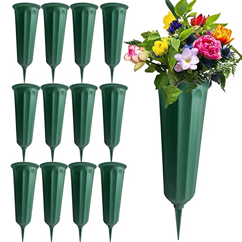 12 Pack Memorial Flower Vase Plastic Cemetery Vases with Spikes Cemetery Decorations for Grave Decorations for Cemetery Vases for Flowers Plastic Flowers for Grave Vase - color: Green