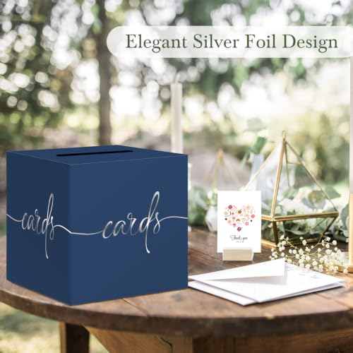 Navy Blue Wedding Card Box with Silver Foil Design, Paperboard 8.7" Card Box for Graduation Birthday Party Reception Retirement Anniversary Bridal & Baby Shower - color: Navy Blue Card Box with Silver Foil, size: 8.7×8.7×8.7Inch(1 Pack)