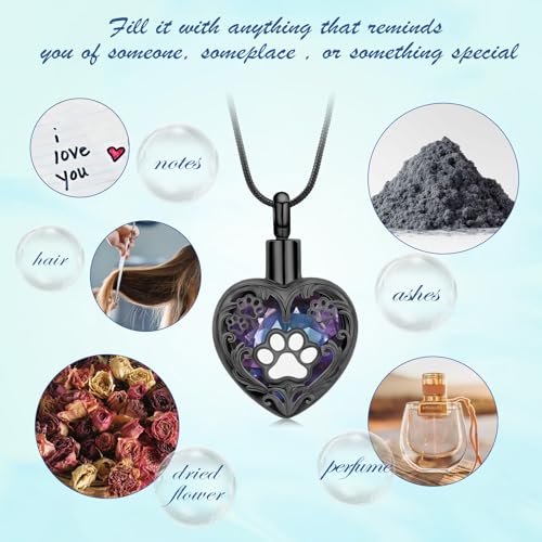 Heart Urn Necklace For Ashes Birthstone Pet Memorial Jewelry Dog Paw Print Cremation Pendant Stainless Steel Keepsake Gift For Pet Lovers - color: Black purple