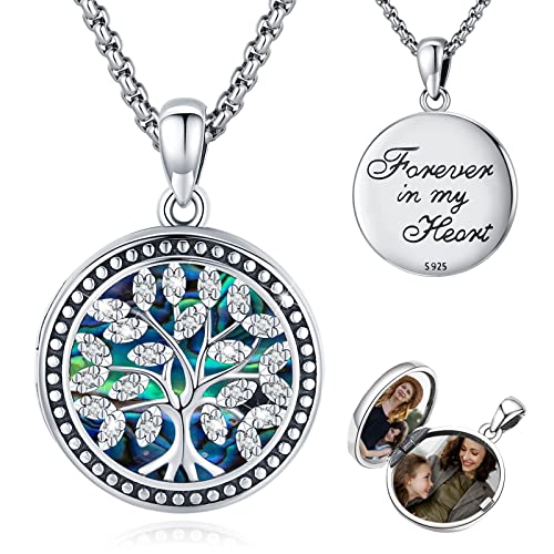 Picture Locket Necklace for Women Men Rose 14K Real Gold 925 Sterling Silver Jewelry Heart Locket Necklace that Holds Pictures Tree of Life Viking Wolf Celtic Knot St Christopher St Michael Pendant - color: I3-Tree of Life Locket-Abalone shells