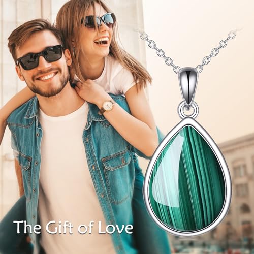 CRMAD Larimar/Opal/Lapis Lazuli/Tourmaline/Malachite/Labradorite/Turquoise/Onyx/Rose Quartz/Amber/Peridot Necklace for Women 925 Sterling Silver Teardrop Pendant Jewelry Gifts - color: malachite