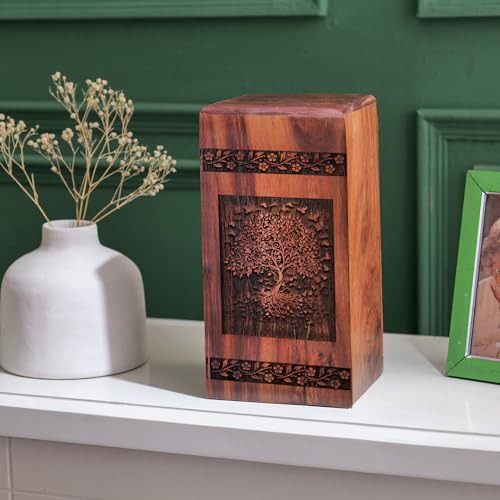 Tree of Life with Swirling Leaves Wooden Urn Box for Human Ashes - Large Wood Storage Urn - Ground Burial Urn - Resistant and Secure - Memorial Gifts - Funeral Urns - 11.25 Inches, Natural